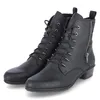 A pair of black leather lace-up boots with a side zipper. Voir les images du produit