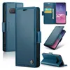 A collage of images showing a blue leather wallet-style phone case for a Samsung Galaxy S10. Produktbild-Vorschau