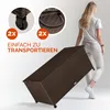 A woman is shown pulling a large brown storage box with wheels, highlighting its portability. Produktbild-Vorschau