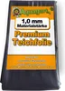 A folded black pond liner with product information printed on a label. Voir les images du produit