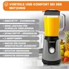 A blender filled with orange juice is shown next to fruits, with text listing its features. Produktbild-Vorschau