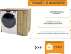 A washing machine next to a wooden cabinet, with text overlays describing features and assembly. Produktbild-Vorschau