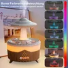 A humidifier with a UFO-shaped top and a wood-grain base, displayed with various color lighting options shown on the side. Produktbild-Vorschau