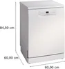 A white freestanding dishwasher with dimensions indicated by lines and text. Produktbild-Vorschau