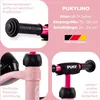 A collage of close-up images showing features of a pink PUKYLINO children's ride-on toy. Voir les images du produit