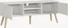 A white TV stand with two open doors and two shelves, supported by four wooden legs. Voir les images du produit