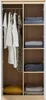 An open wardrobe with clothes hanging on a rod and folded items on shelves. Produktbild-Vorschau