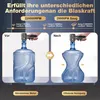 A split image showing a water bottle before and after being compressed by a device, with marketing text and feature callouts. Produktbild-Vorschau