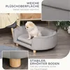 A small dog sits in a grey pet sofa, with close-up insets highlighting the soft surface and raised legs. Produktbild-Vorschau