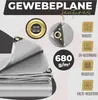 Marketing image showing features of a grey fabric tarp with grommets. Produktbild-Vorschau
