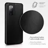 A black phone case is shown with a close-up of the material texture and descriptive text. Produktbild-Vorschau