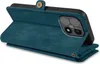 A teal-colored wallet-style phone case is shown from the back, with the phone inserted and the case partially open. Produktbild-Vorschau