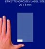 A hand is shown next to a grid of small blue labels, with text indicating label size. Anteprima dell’immagine prodotto