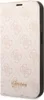 A close-up, side view of a pink phone case with a repeating Guess logo pattern and the Guess logo in gold at the bottom. Podgląd zdjęcia produktu