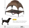 A diagram showing the dimensions of a dog bed with a canopy, along with a silhouette of a dog indicating how to measure its length and a weight limit. Produktbild-Vorschau