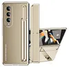 A gold-colored phone case for a foldable phone, shown from multiple angles, including one angle where the phone is open and propped up. Produktbild-Vorschau