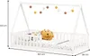 A white wooden house bed with a lion pillow and colorful garland. Produktbild-Vorschau