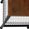 Close-up of a shelf with a wood-grain top and a wire grid underneath, supported by black metal legs. Náhled obrázku produktu