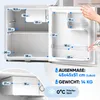 A mini refrigerator with its door open, showing internal dimensions and features, with a hand reaching into the door. Produktbild-Vorschau