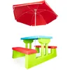 A colorful children's picnic table with benches and a red umbrella. Podgląd zdjęcia produktu