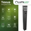 A marketing image for a pathway light, showing product features and a picture of the light. Produktbild-Vorschau