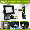 Product image showing a 30W LED floodlight with a motion sensor, including dimensions and installation examples. Produktbild-Vorschau