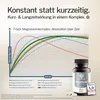 A graph showing magnesium absorption over time, with a bottle of magnesium complex supplement and pills in the foreground. Produktbild-Vorschau