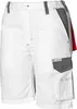 A pair of white work shorts with gray accents and a red tag hanging from the side pocket. Produktbild-Vorschau
