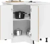 A white corner kitchen cabinet with doors open, showing pots and pans inside. Podgląd zdjęcia produktu