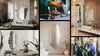 A collage of images showcasing organic-shaped mirrors in various interior design settings and a close-up of a person working with glass. Podgląd zdjęcia produktu