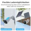 Two images showing a security camera powered by a rechargeable battery and by a solar panel. Produktbild-Vorschau