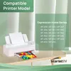 A printer is shown printing a colorful image, with text listing compatible printer models. Produktbild-Vorschau