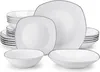 A set of white ceramic dishes with a thin black rim, neatly arranged. Produktbild-Vorschau