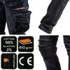 A collage of images showing details of dark blue work pants, including pockets, material composition, and certifications. Produktbild-Vorschau
