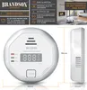A product image showcasing a carbon monoxide detector with its features and dimensions, alongside a lifestyle shot of a living room. Podgląd zdjęcia produktu
