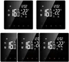 A collage of five digital thermostats displaying temperature and time. Produktbild-Vorschau
