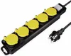 A black power strip with five yellow covered outlets and a black plug is shown on a white background. Produktbild-Vorschau