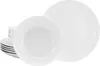 A set of white porcelain plates and bowls stacked and arranged on a white background. Produktbild-Vorschau