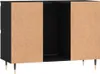 A product shot of a black and wood-effect cabinet with two doors and an open central section, standing on four tapered legs. Anteprima dell’immagine prodotto