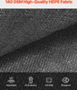 A close-up view of black HDPE fabric with icons and text describing its features. Voir les images du produit