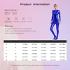 A size chart and a model wearing a blue metallic suit. Náhled obrázku produktu