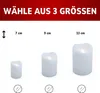 Three LED candles of different sizes are displayed side-by-side, with their dimensions indicated above them. Each candle has a small circle below it, also indicating a dimension. Produktbild-Vorschau