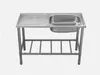 A stainless steel sink with a draining board and a shelf underneath, presented against a plain background. Produktbild-Vorschau