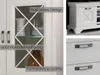 A collage of images showcasing a white TV stand with rustic design elements, including close-ups of drawers and decorative details. Produktbild-Vorschau