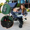 A woman is pushing a stroller with a baby in it, with close-up insets showing storage and a pocket. Produktbild-Vorschau