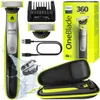 A collection of Philips OneBlade grooming products and accessories are displayed against a white background, including the shaver, charging cable, comb attachments, extra blades, and a travel case. Produktbild-Vorschau