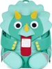 A close-up studio shot of a green dinosaur-shaped backpack for young children. Produktbild-Vorschau