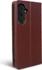 A brown leather flip case for a smartphone is shown from the side. Produktbild-Vorschau