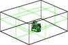 A 3D laser level device is shown inside a transparent box with green laser lines projecting outwards, indicating its working area. Náhled obrázku produktu