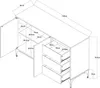 An isometric technical drawing of a sideboard with dimensions indicated. Voir les images du produit